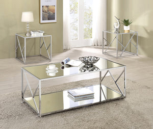 Modern 3-Piece Occasional Table Set with Mirrored Tops and Chrome Base for a Stylish Living Room Upgrade