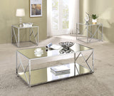 Modern 3-Piece Occasional Table Set with Mirrored Tops and Chrome Base for a Stylish Living Room Upgrade