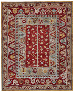 Piraj Nordic Hand Knot Wool Rug, Red/Turquoise, 9ft - 6in x 13ft - 6in Area Rug