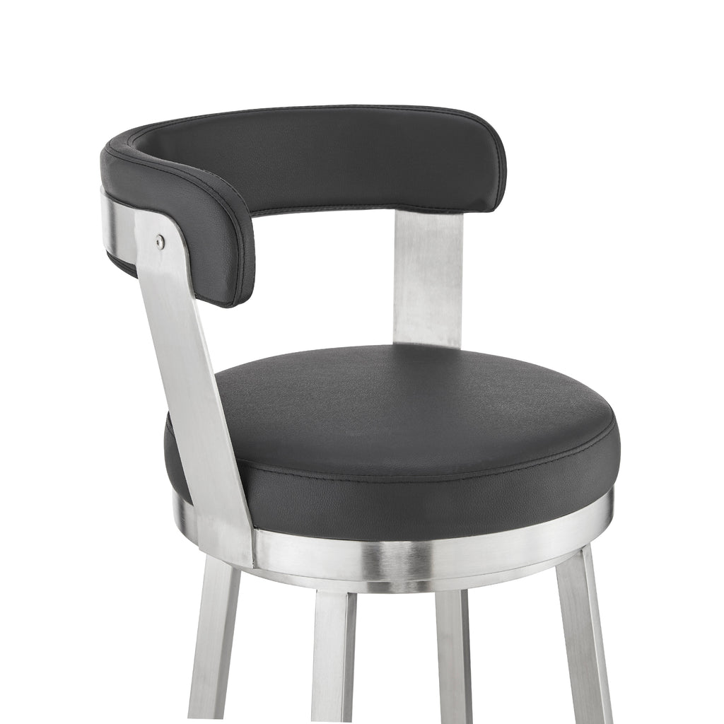 Kobe 30" Bar Height Swivel Bar Stool in Brushed Stainless Steel Finish and Black Faux Leather