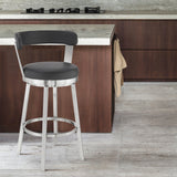 Kobe 30" Bar Height Swivel Bar Stool in Brushed Stainless Steel Finish and Black Faux Leather