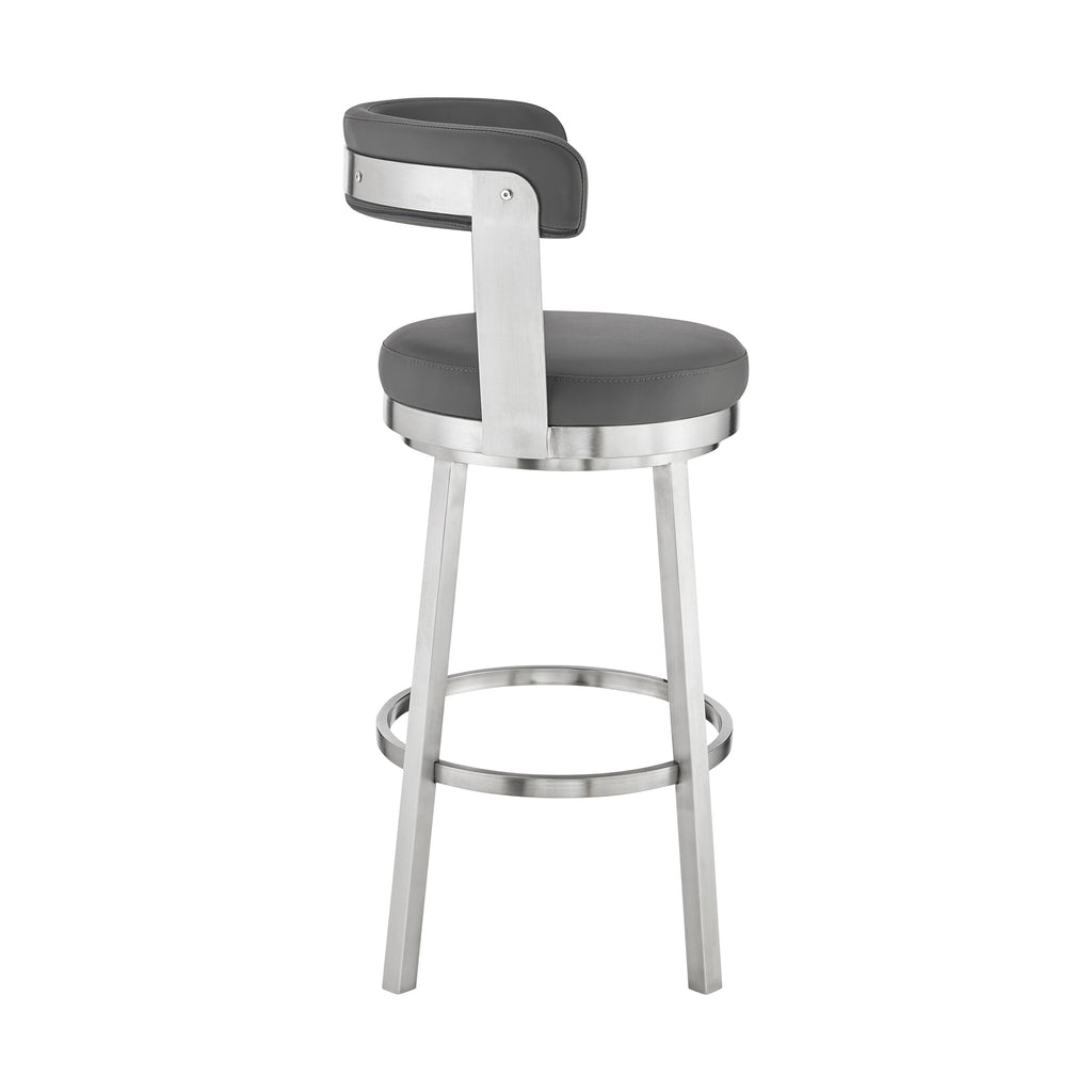 Kobe 26" Counter Height Swivel Bar Stool in Brushed Stainless Steel Finish and Gray Faux Leather