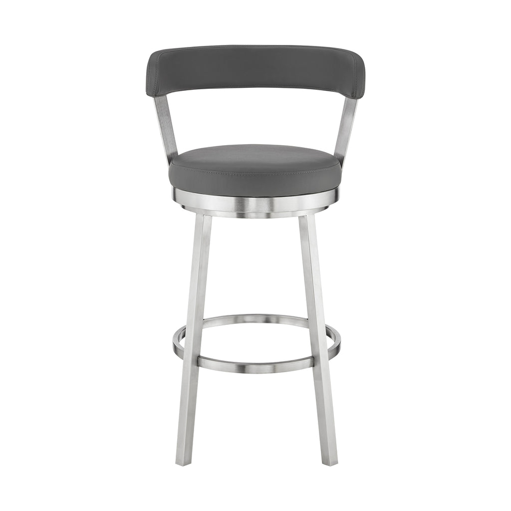 Kobe 30" Bar Height Swivel Bar Stool in Brushed Stainless Steel Finish and Gray Faux Leather