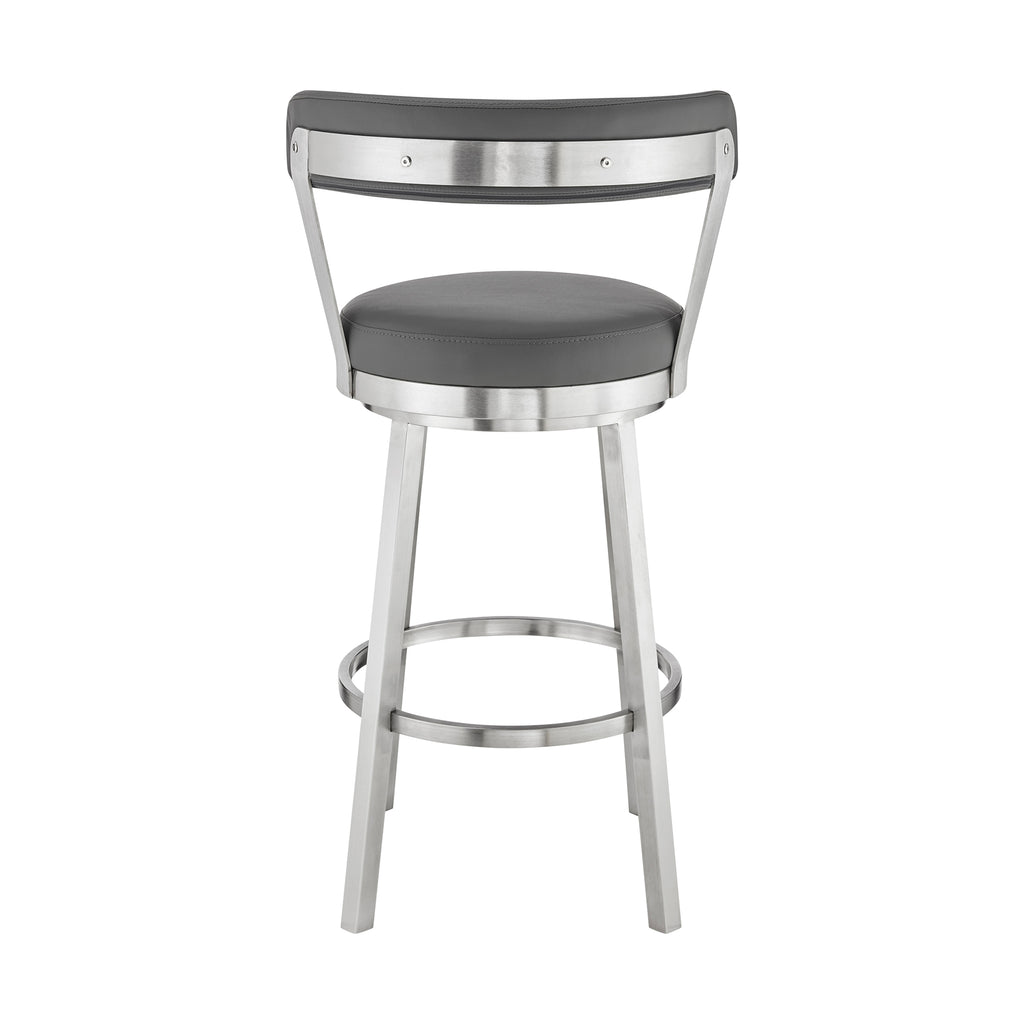 Kobe 30" Bar Height Swivel Bar Stool in Brushed Stainless Steel Finish and Gray Faux Leather