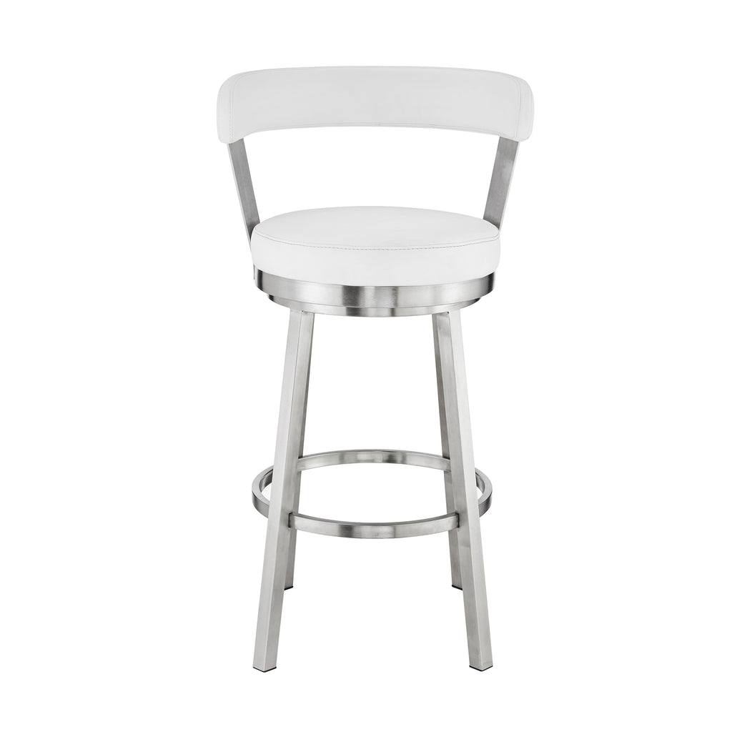 Kobe 26" Counter Height Swivel Bar Stool in Brushed Stainless Steel Finish and White Faux Leather