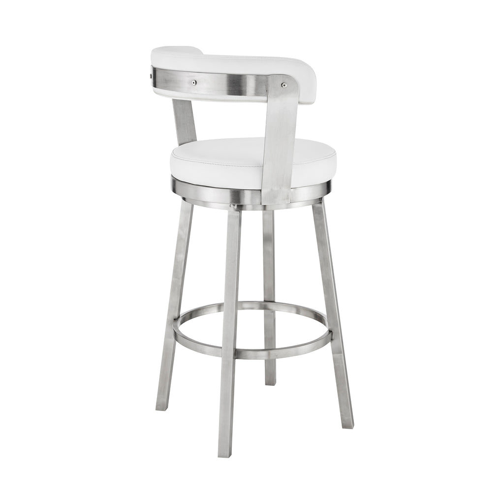 Kobe 26" Counter Height Swivel Bar Stool in Brushed Stainless Steel Finish and White Faux Leather