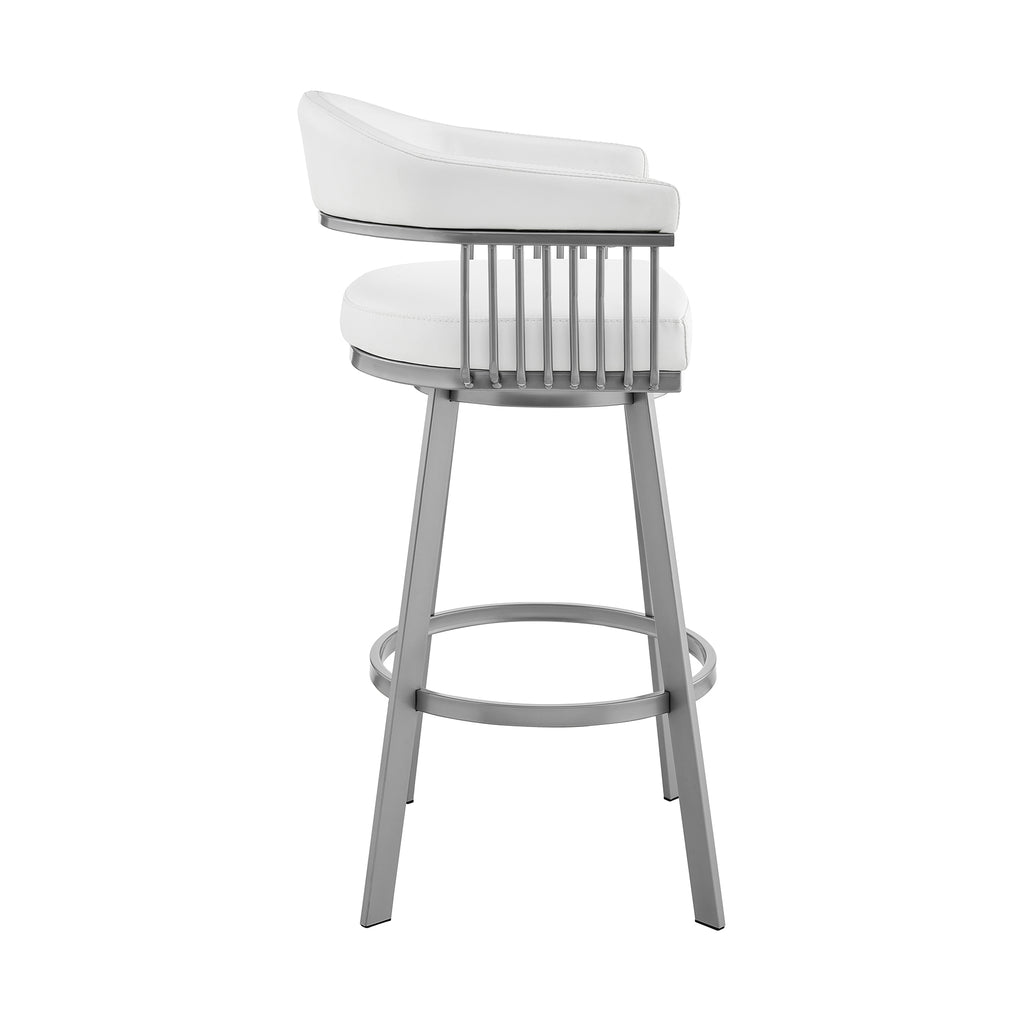 Bronson 25" Counter Height Swivel Bar Stool in Silver Finish and White Faux Leather
