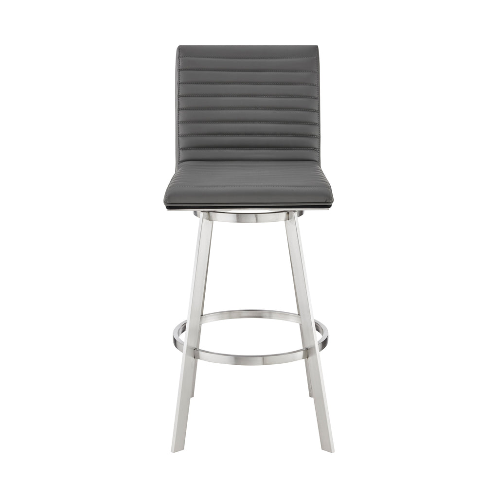 Jermaine 26" Counter Height Swivel Bar Stool in Brushed Stainless Steel Finish and Gray Faux Leather