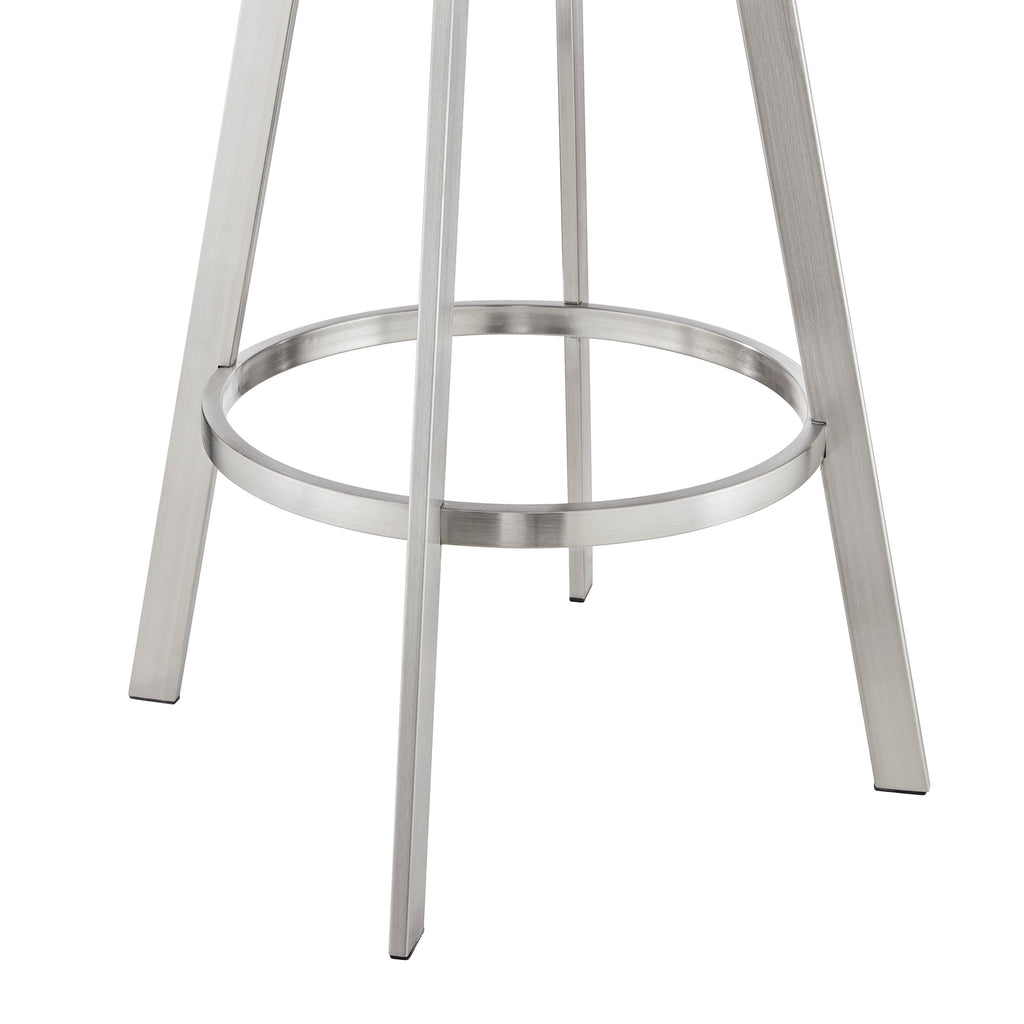 Jermaine 30" Bar Height Swivel Bar Stool in Brushed Stainless Steel Finish and Gray Faux Leather