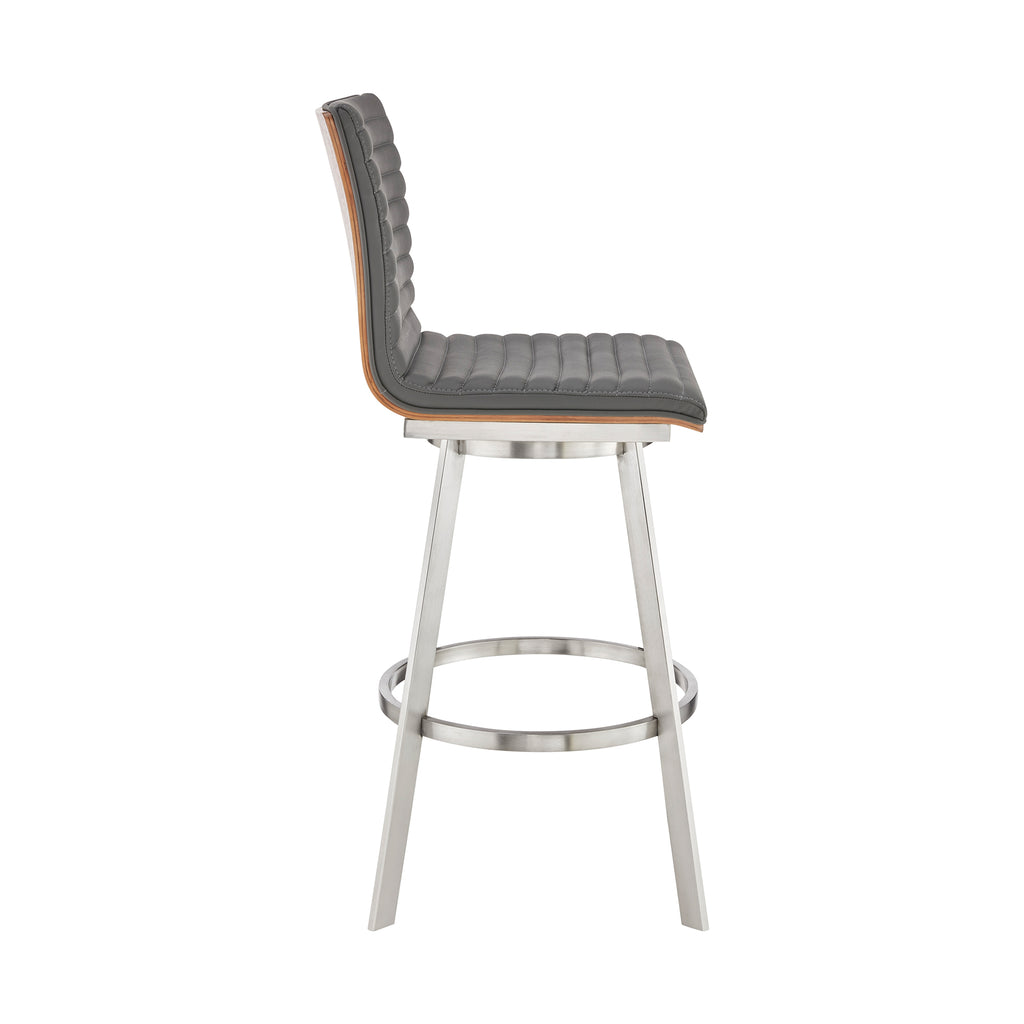 Jermaine 30" Bar Height Swivel Bar Stool in Brushed Stainless Steel Finish and Gray Faux Leather