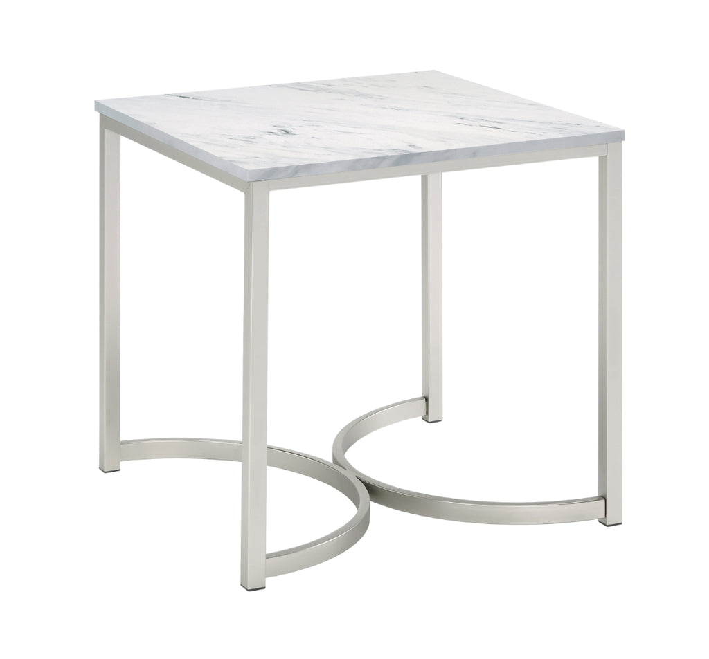 Modern Faux Marble Square End Table White and Satin Nickel