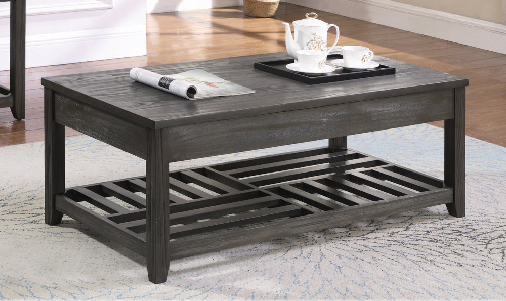 Casual Lift Top Coffee Table with Stylish Checkerboard Shelf and Elegant Grey Finish for Living Room