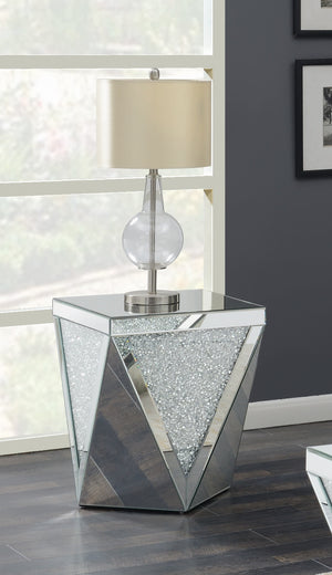 Contemporary Square End Table with Triangle Detailing Silver and Clear Mirror