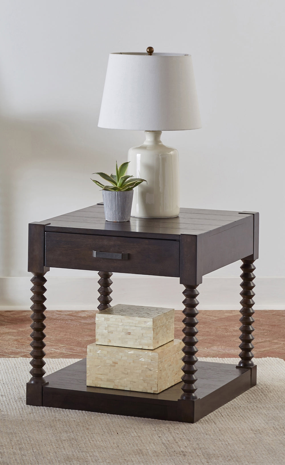 Christine Traditional 1-Drawer End Table in Coffee Bean – Rustic Charm with Spindle Legs & Shelf