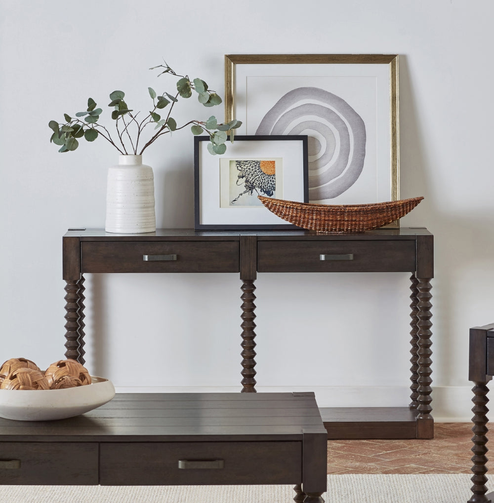 Christine Rustic 2-Drawer Console Table in Coffee Bean Finish with Gunmetal Hardware Accents