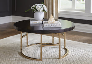 Corliss Contemporary Round Coffee Table Americano and Rose Brass