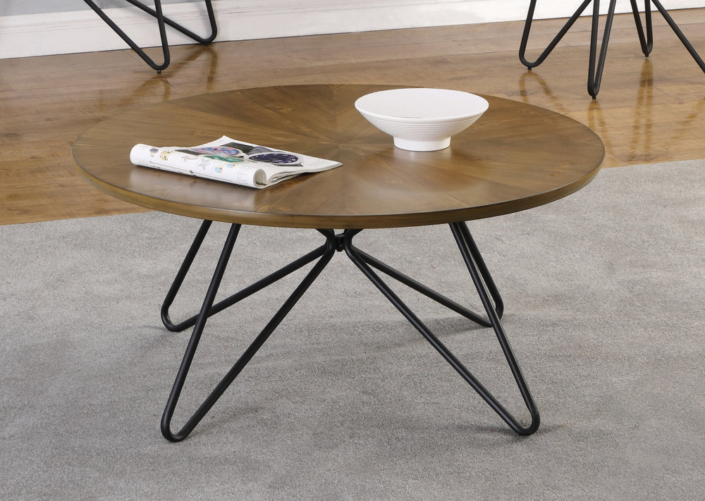 Churchill Mid-Century Modern Round Coffee Table with Starburst Top in Dark Brown and Black Finish