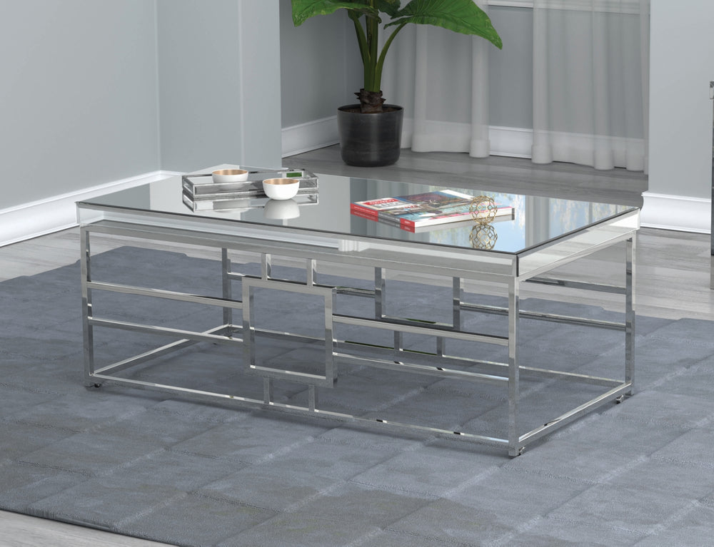 Contemporary Geometric Frame Coffee Table with Mirrored Top and Chrome Finish - Mobile Design!