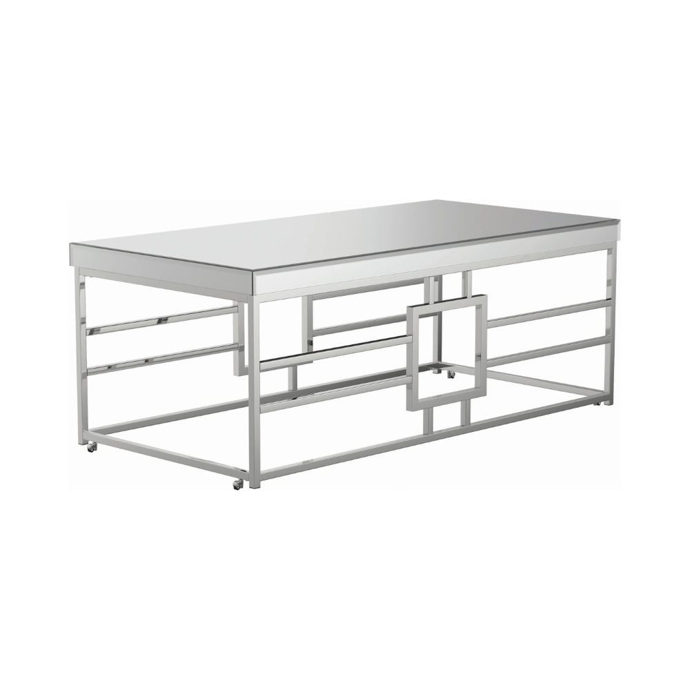 Contemporary Geometric Frame Coffee Table with Mirrored Top and Chrome Finish - Mobile Design!