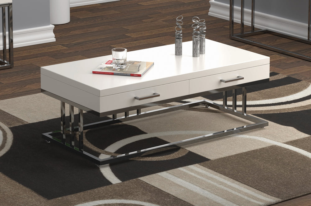 Contemporary 2-Drawer Coffee Table in Glossy White & Chrome - Modern Design for Stylish Living Spaces