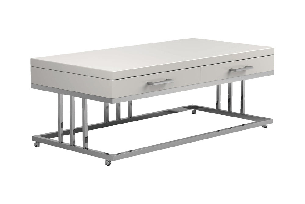 Contemporary 2-Drawer Coffee Table in Glossy White & Chrome - Modern Design for Stylish Living Spaces