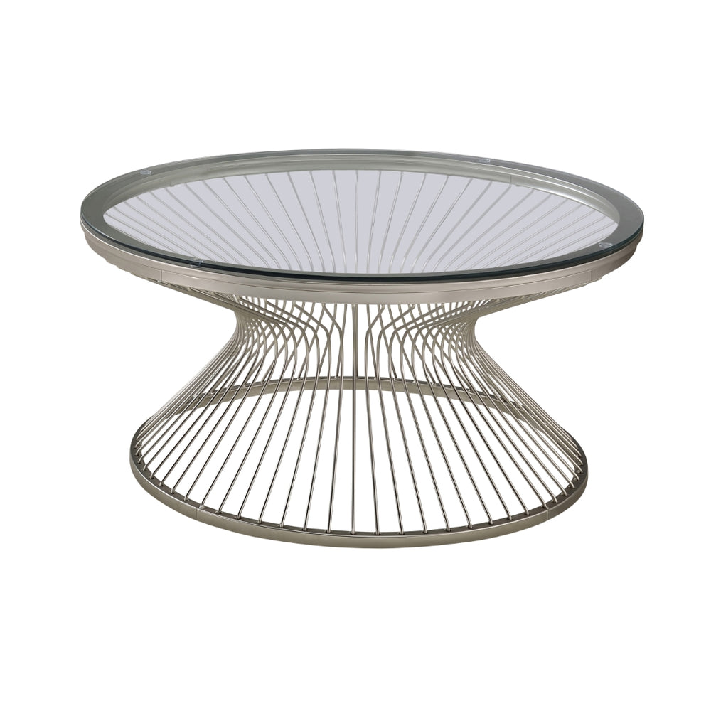 Contemporary Round Glass Top Coffee Table – Glam Satin Grey Design with Hourglass Base for Modern Homes