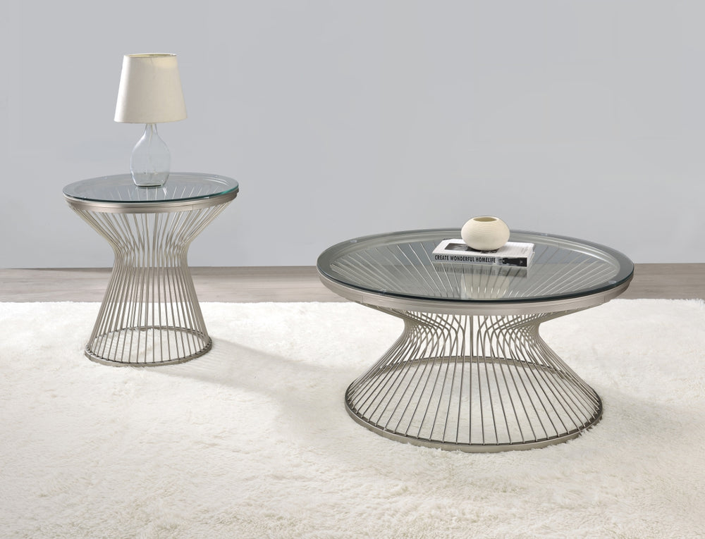 Contemporary Round Glass Top Coffee Table – Glam Satin Grey Design with Hourglass Base for Modern Homes