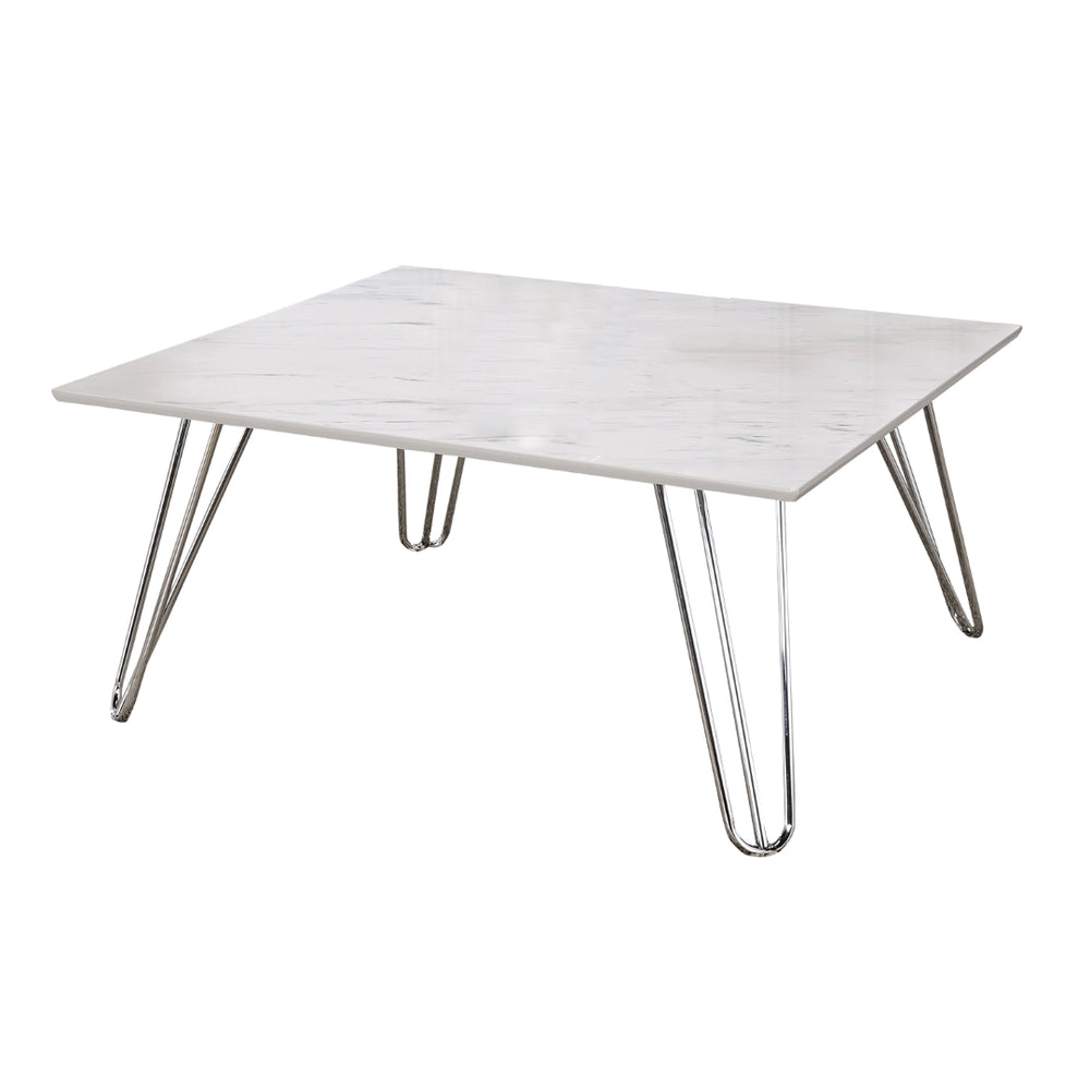 Contemporary Faux Marble Square Coffee Table with Chrome Hairpin Legs for Modern Living Spaces