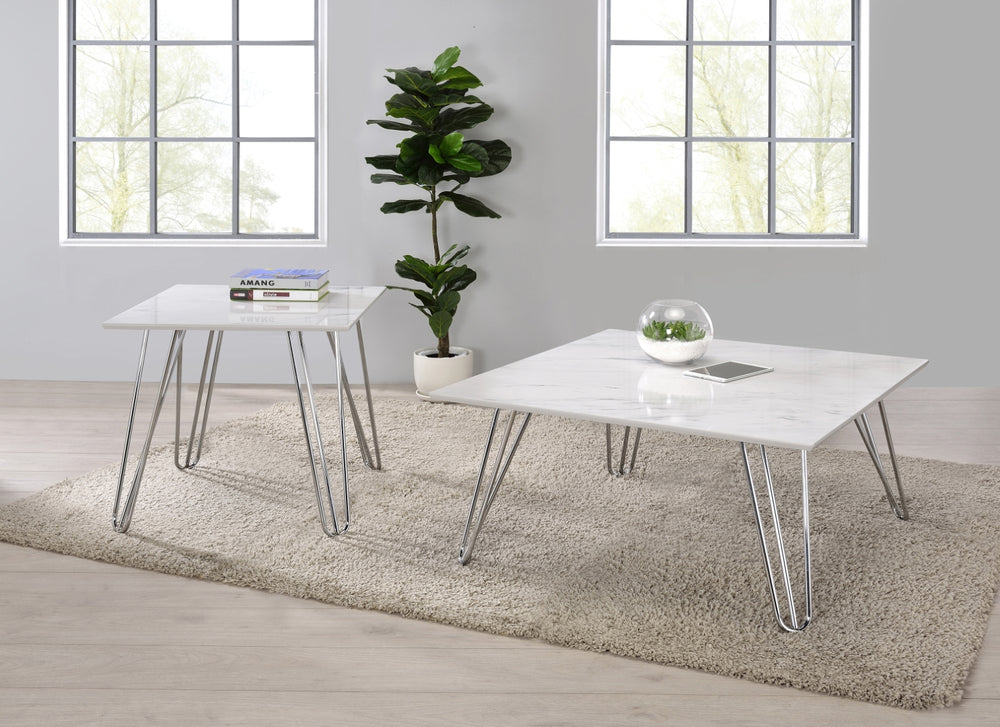 Contemporary Faux Marble Square Coffee Table with Chrome Hairpin Legs for Modern Living Spaces