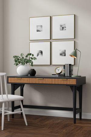 Larsen Large Black Desk with Mahogany Wood, Gold Hardware & Felt Lined Drawers for Stylish Storage