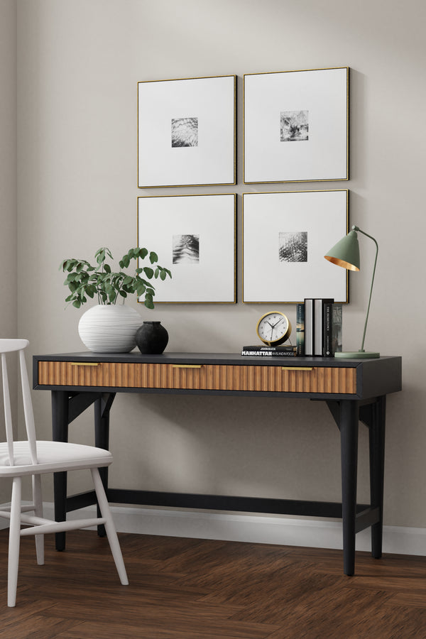 Larsen Large Black Desk with Mahogany Wood, Gold Hardware & Felt Lined Drawers for Stylish Storage