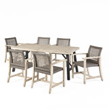Hammersley 6 Seater Outdoor Acacia Wood and Wicker Dining Set, Light Gray Wash, Mix Black, and Black