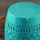 Ruby Outdoor 12" Lace Cut Iron Side Table, Teal Noble House