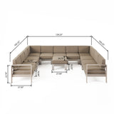 Cape Coral Outdoor 11 Seater Aluminum U-Shaped Sofa Sectional and Ottoman Set, Silver and Khaki Noble House