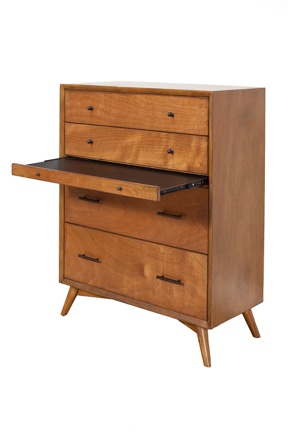 Alpine Furniture Flynn Mid Century Modern 4 Drawer Multifunction Chest w/Pull Out Tray, Acorn 966-05 Acorn Mahogany Solids & Okoume Veneer 38 x 18 x 43