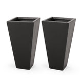 Ella Outdoor Modern Small Cast Stone Planters, Black - Set of 2