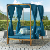 Noble House Kinzie Outdoor 2 Seater Adjustable Acacia Wood Daybed with Curtains, Teak and Blue