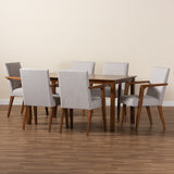 Glenda Mid-Century Modern Greyish Beige Fabric Upholstered and Walnut Brown Finished Wood 7-Piece Dining Set