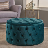 Zelfa Modern Glam Tufted Velvet Round Ottoman, Dark Teal and Black Noble House