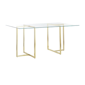 Legend 36x66-Inch Rectangular Dining Table with Clear Tempered Glass Top and Steel Base in Matte Brushed Gold
