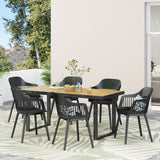 Noble House Requeta Outdoor Wood and Resin 7 Piece Dining Set, Black and Teak
