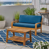 Grenada Loveseat and Coffee Table Set for Patio, Acacia Wood, Teak Finish with Teal Outdoor Cushions Noble House