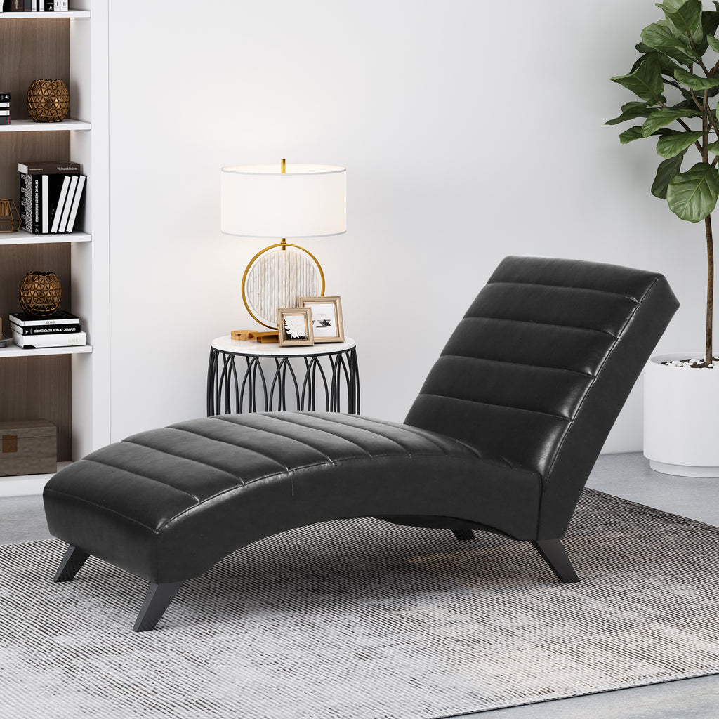 Stillmore Contemporary Channel Stitch Chaise Lounge, Midnight Black and Dark Brown Noble House