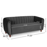 Richland Modern Glam Velvet Channel Stitch 3 Seater Sofa, Black and Walnut Noble House