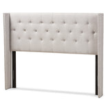 Ally Modern And Contemporary Greyish Beige Fabric Button-Tufted Nail head King Size Winged Headboard