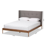 Baxton Studio Brooklyn Mid-Century Modern Walnut Wood Grey Fabric King Size Platform Bed