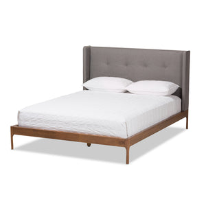 Baxton Studio Brooklyn Mid-Century Modern Walnut Wood Grey Fabric King Size Platform Bed