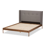 Baxton Studio Brooklyn Mid-Century Modern Walnut Wood Grey Fabric Queen Size Platform Bed