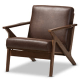 Bianca Mid-Century Modern Walnut Wood Dark Brown Distressed Faux Leather Lounge Chair
