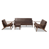 Bianca Mid-Century Modern Walnut Wood Dark Brown Distressed Faux Leather Livingroom Sofa Set